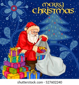 Vector design of Santa with gift in Merry Christmas Holiday celebration background