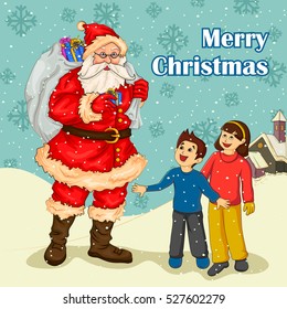 Vector design of Santa with gift in Merry Christmas Holiday celebration background