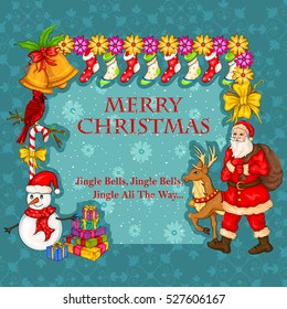 Vector design of Santa with gift in Merry Christmas Holiday celebration background