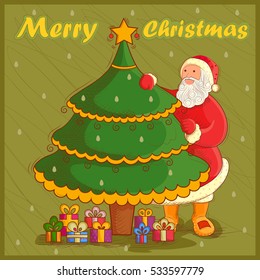 Vector design of Santa with gift in Merry Christmas Holiday celebration background