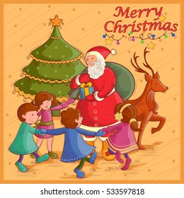 Vector design of Santa with gift in Merry Christmas Holiday celebration background