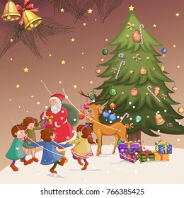 Vector design of Santa with gift in Merry Christmas Holiday celebration background