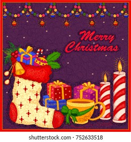 Vector design of Santa Stocking for Merry Christmas and Happy New Year Holiday celebration background