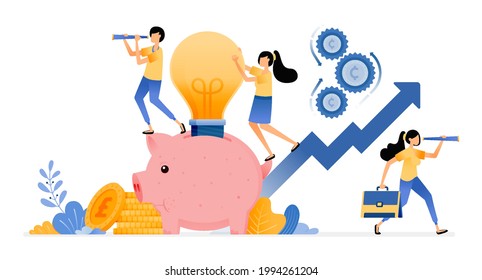 Vector Design of saving ideas for increase investment in future. piggy bank light bulb. financial banking innovation. illustration Can be for websites, posters, banners, mobile apps, web, social media