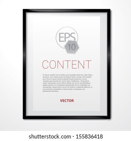 Vector design. Scalable and adjustable 3d, photo realistic background frame illustration with shiny black plastic surface,  A4 format paper sheet content holder, for universal use 