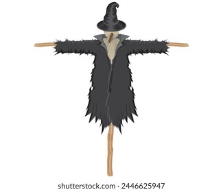 vector design of a scarecrow made of grass or weeds wearing a black hat similar to a wizard's hat and a black robe and his hands and feet are made from sticks of wood