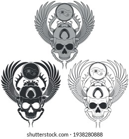 Vector design of scary winged scarab with skull, ancient egypt scarab with the eye of horus, scarab silhouette with grayscale skull