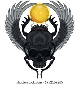 Vector design of scary winged scarab with skull, ancient egypt scarab with the eye of horus, winged death scarab