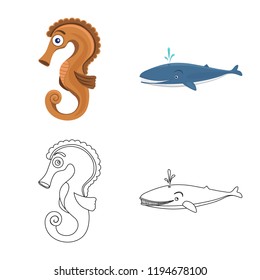 Vector design of sea and animal sign. Set of sea and marine stock vector illustration.