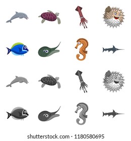 Vector design of sea and animal symbol. Set of sea and marine stock vector illustration.