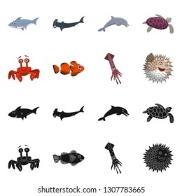 Vector design of sea and animal symbol. Set of sea and marine stock symbol for web.
