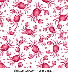Vector design of sea crab pattern with a dotted white background, can be used for fabrics, textiles, wrapping paper, tablecloths, curtains, clothing etc.