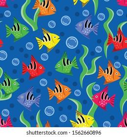 Vector design of sea fish patterns in aquariums with cute colors, can be used for fabrics, textiles, wrapping paper, tablecloths, curtain fabrics, clothing etc.