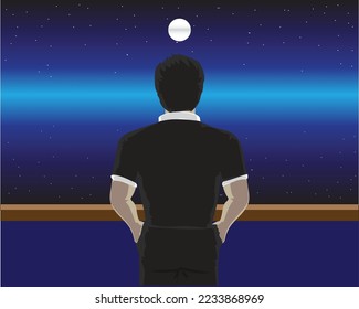vector design of a sea landscape at night with moon and stars and a man in a black t-shirt looking out to sea