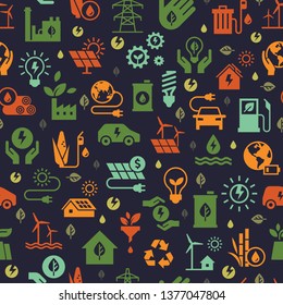 Vector design with seamless ecology pattern and green energy concept in trendy flat style. Seamless pattern with vectors eco icons in flat style. Ecology, nature, energy, environment, recycling icons.