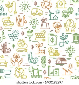 Vector design with seamless ecology pattern and green energy concept in the trendy line style. Seamless pattern vectors eco icons in line style. Ecology, nature, energy, environment, recycling icons.