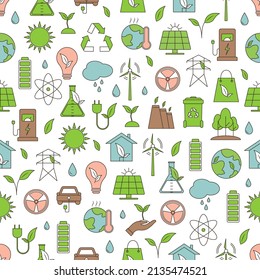 Vector design with seamless ecology pattern and green energy concept in trendy flat style. Seamless pattern with vectors eco icons in flat style. Ecology, nature, energy, environment, recycling icons.