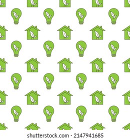 Vector design with seamless ecology pattern and green energy concept in trendy flat style. Seamless pattern with vectors eco icons in flat style. Ecology, nature, energy, environment, recycling icons.