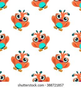 Vector design seamless pattern with cute orange macaw parrot in the air on white background