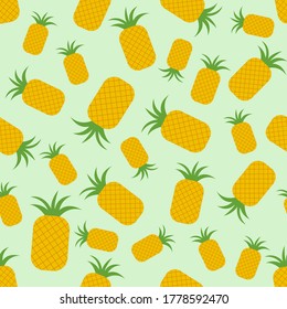 Vector design seamless pattern of pineapple on green background. The cute template for wallpaper and wrapping paper.