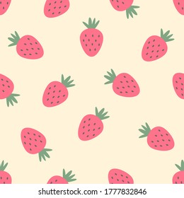 Vector design seamless pattern of strawberry on yellow background. The cute template for wallpaper and wrapping paper.