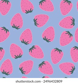 Vector design seamless pattern of strawberry on blue background. The cute template for wallpaper and wrapping paper.