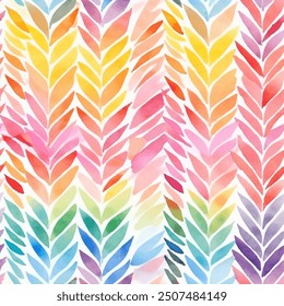 Vector design of seamless pattern with vibrant rainbow-colored leaves on white background. Intricately designed seamless pattern of watercolor multicolored leaves, harmonious interplay of hues