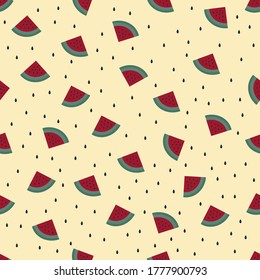 Vector design seamless pattern of watermelon on yellow background. The cute template for wallpaper and wrapping paper.