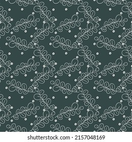A vector design of seamless pattern with white plants leaves and white dots on extra dark green background
