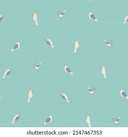 Vector design. Seamless repeat pattern swatch. Cute character design of birds on a 'stitched' stripe. Background, wallpaper or textile print. Baby products, kids wear, stationary, nursery etc.