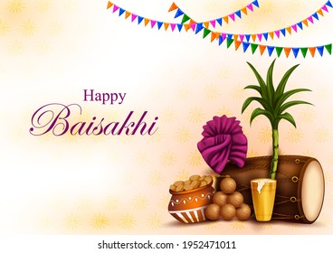 Vector design of seasonal greeting background for Punjabi Happy New Year Baisakhi celebrated in Punjab, India