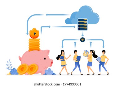 Vector Design of Security Financial services with cloud database technology. protection of transaction activity data. illustration Can be for websites, posters, banners, mobile apps, web, social media