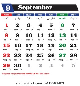 Vector design of September 2024 Hijri Calendar Template with Indonesian National Holidays complete with Hijri, Javanese and Christian. Translation: Calendar 2024 AD and Hijriyah 1445-1446.