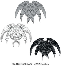 Vector design of seraph with six wings, angelic face of catholic religion, archangel with halo and feathers