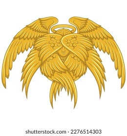 Vector design of seraph with six wings, angelic face of catholic religion, archangel with halo and feathers