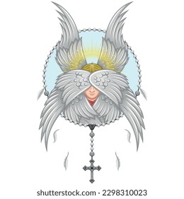 Vector design of seraphim with christian rosary, symbol of catholic religion