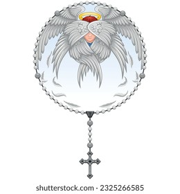 Vector design of seraphim with christian rosary, symbol of catholic religion