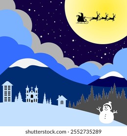 Vector design of a serene winter Christmas landscape with Santa in the sky, a snowman, snowy hills, a church, and houses, set against a starry night with mountains and clouds.