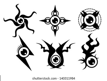Vector design set of the abstract eyeballs for tattoo design, black color on white.