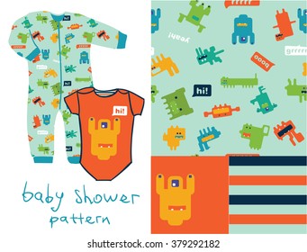 Vector design set for baby and kids wear. Kid colorful seamless pattern. Monster collection.
