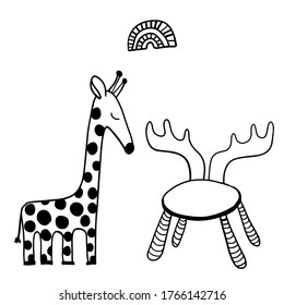 vector design set for baby room of giraffe toy and animal chair with rainbow