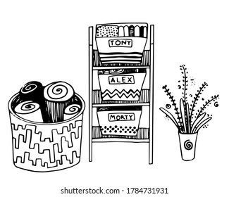 vector design set: backet and rack with clothes of Alex, Morty and Tony and bouquet in the vase