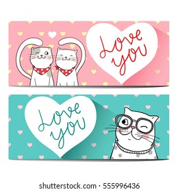 Vector design set banner happy cat in valentine day pastel color.