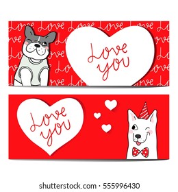 Vector design set banner love dog in valentine day and love you word.