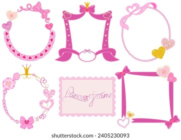 Vector design set of beautiful romantic cute fairytale frames for princesses. Beautiful elegant frames with hearts, bows, beads, ribbons, gold, crowns, flowers, stars, decorations.