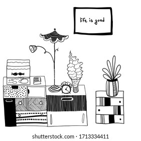 vector design set: chest of drawers with aquarium, table lamp, bedside table and house plants