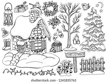 Vector design set with Christmas and New Year cottage house with winter tree, conifer, decorations, garland. Vector hand drawn winter background with cartoon illustration for decorations
