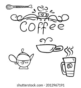 Vector design set of coffee mugs with coffee text on a white isolated background for postcard banners.Coloring , contour