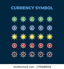 Vector design set of currency icons and symbols with colour alert