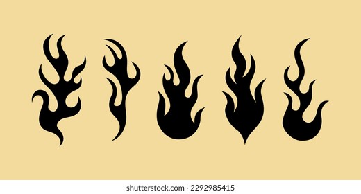 Vector design set, flames and fire, acid neo tribal shapes, y2k elements and abstract illustrations in gothic style, gothic and acid tattoos and print templates